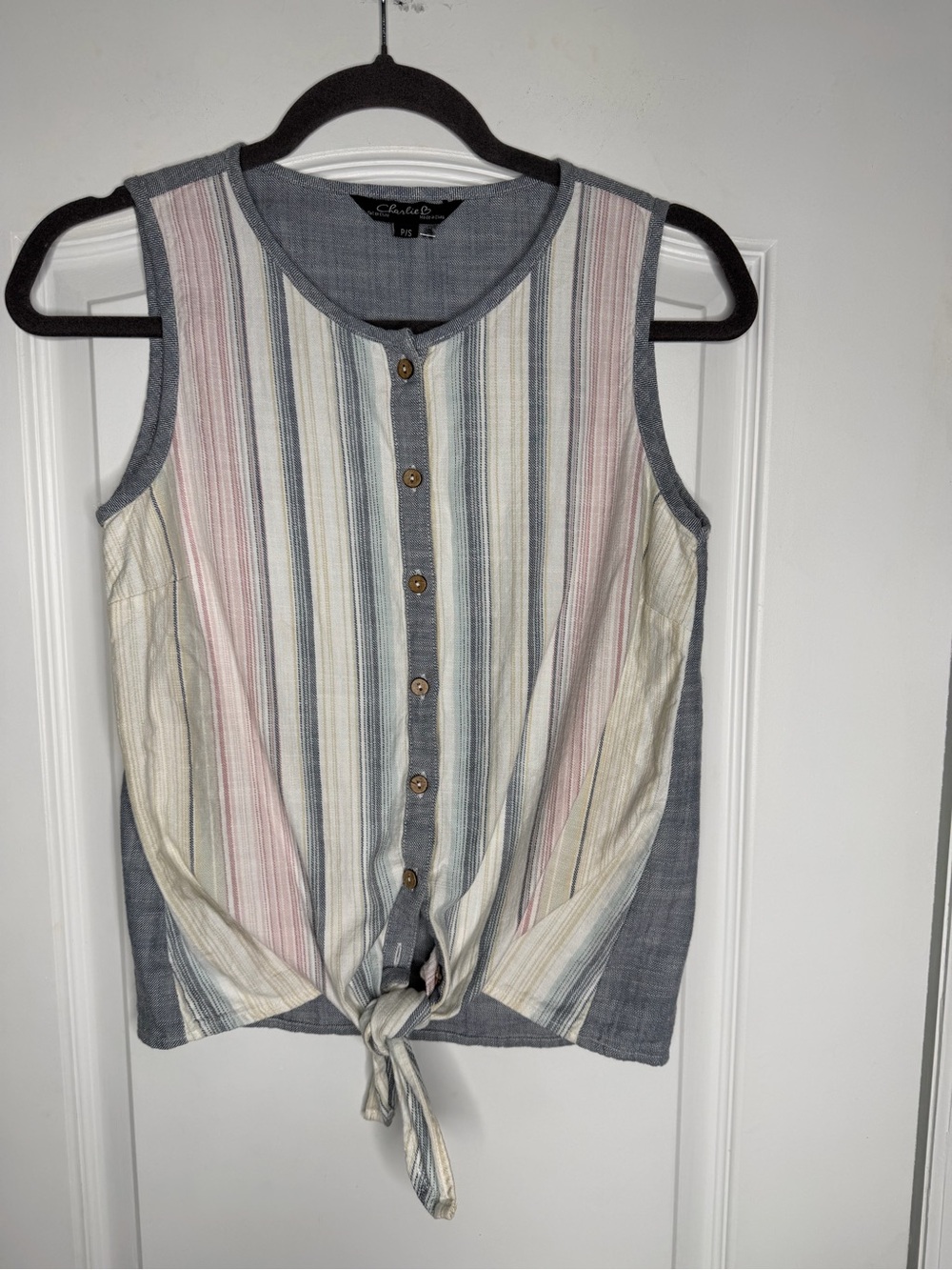 Charlie B Collection Striped 100% Cotton Tie-Front Sleeveless Top. Size P/S